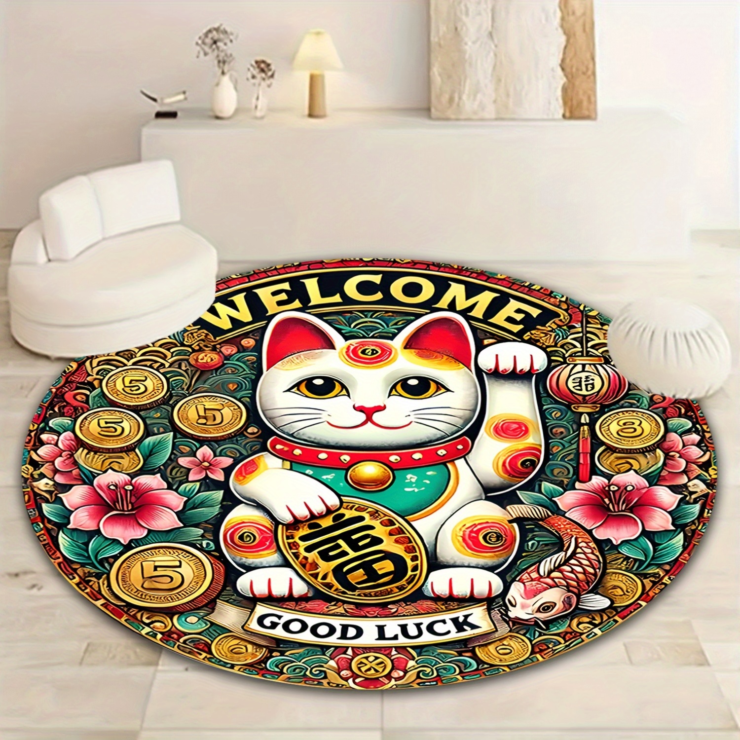 Chinese Lucky Cat Round Rug We - Home Goods Bathroom Mats のレビューと価格